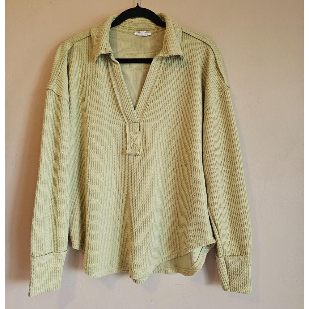 Blu Pepper Womens Collared V-Neck Pullover Sweater Waffle Knit Top sz Med Olive - Picture 1 of 4